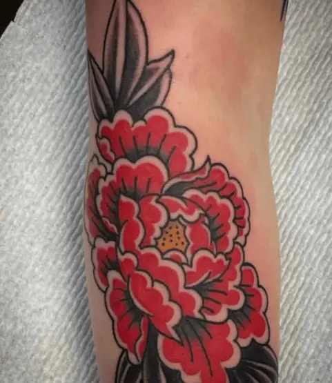 Red Traditional Peony Flower Tattoo