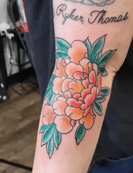 Orange and Green Peony Flower Tattoo
