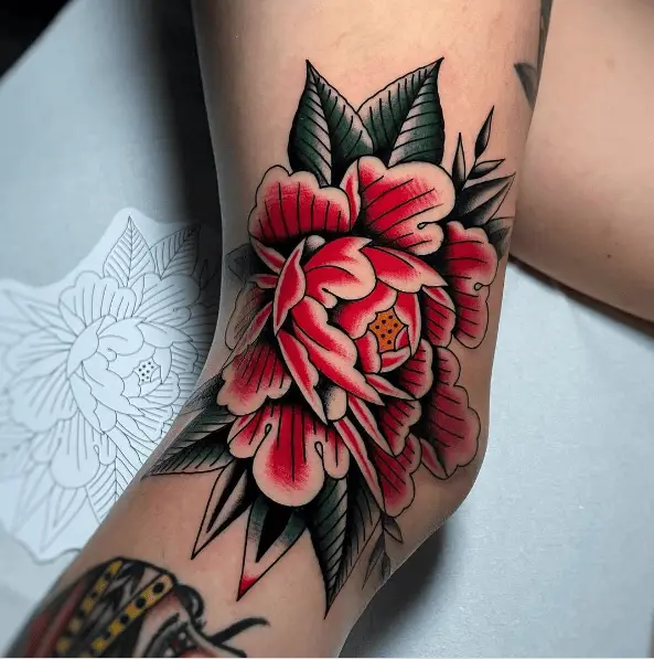 Red and Green Traditional Peony Flower Tattoo