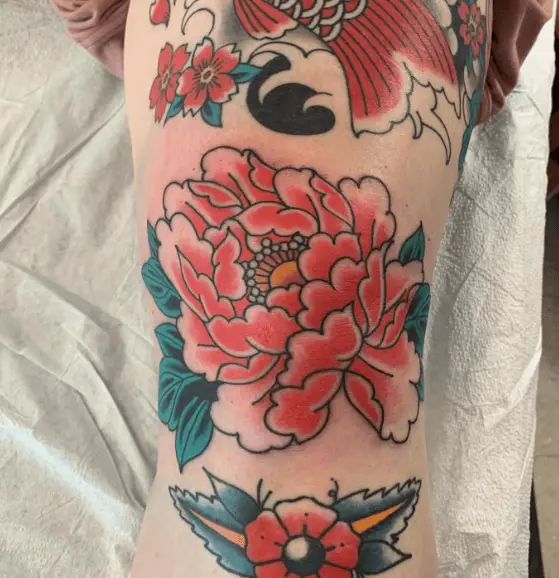 Traditional Peony Flower with Leaves Tattoo