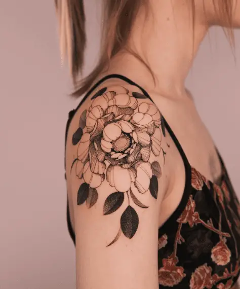 Black and Grey Peony Flower with Leaves Arm Tattoo