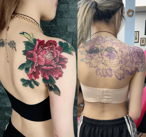 Bold Red and Green Peony Flower Back Tattoo