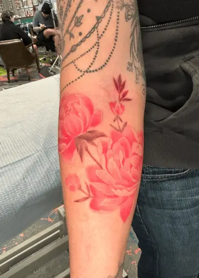 Light Red Peony Flowers Forearm Tattoo