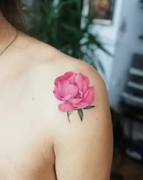 Magenta Colored Peony Flower Shoulder Tattoo