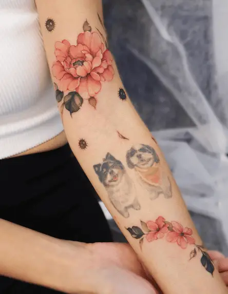 Orange Large and Small Peony Flower Forearm Tattoo