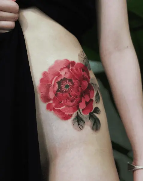 Red Peony Flower with Black Leaves Tattoo