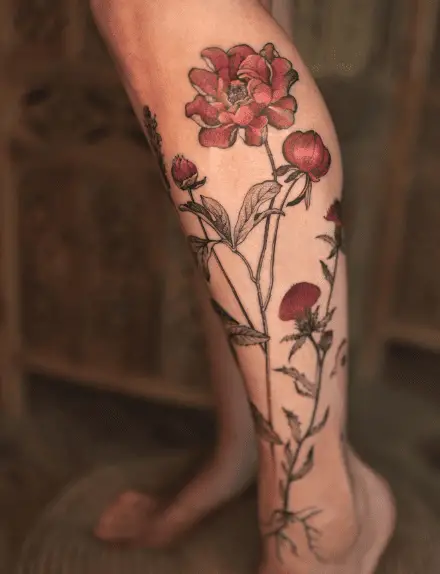 Red Ink Peony and Thistle Florals Leg Tattoo