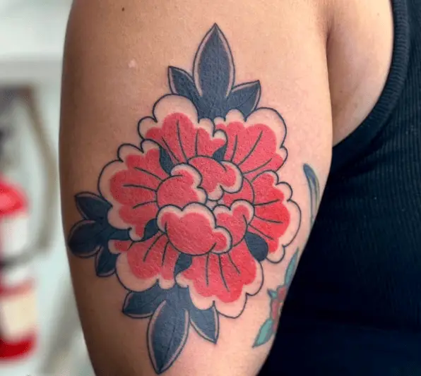 Black and Red Japanese Peony Flower Arm Tattoo