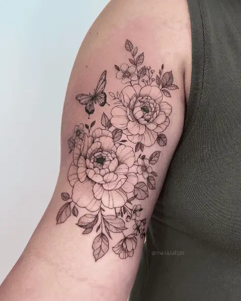 Grayscale Peonies with Butterfly Arm Tattoo