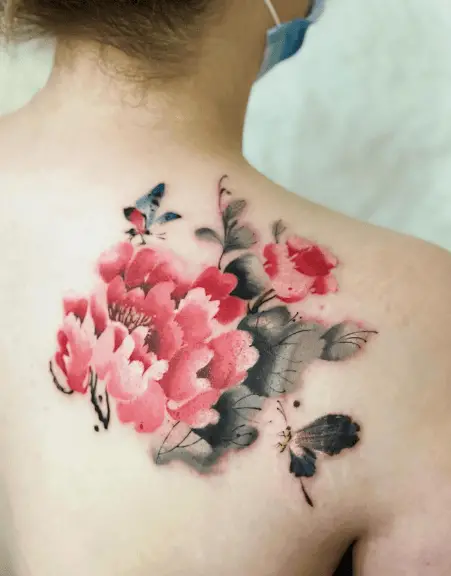 Red and Black Peonies with Butterflies Back Tattoo