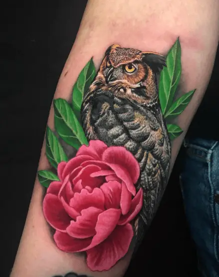 Pink Peony Flower with Green Leaves and Owl Tattoo