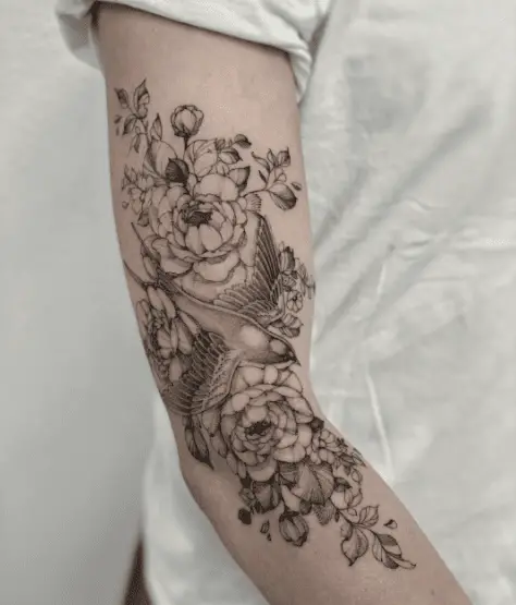 Detailed Peony Florals with Swallow Bird Tattoo