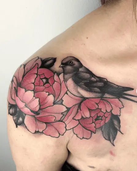 Black and Grey Swallow Bird with Pink Peony Flowers Shoulder Tattoo