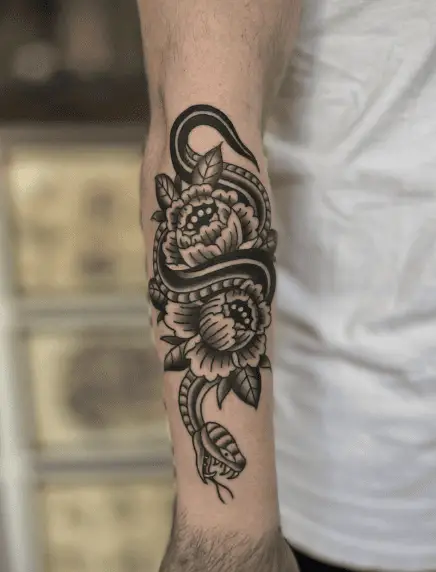 Black and Grey Peonies and Snake Forearm Tattoo