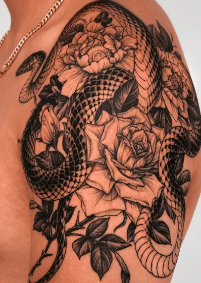 Black Ink Snake and Peony Florals Arm Tattoo