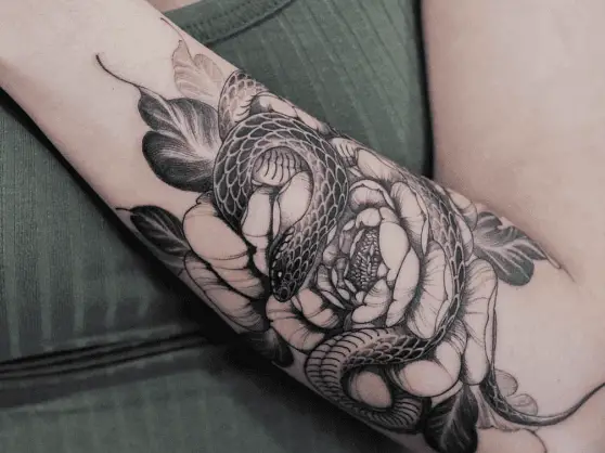 Black and Grey Snake and Peonies Forearm Tattoo