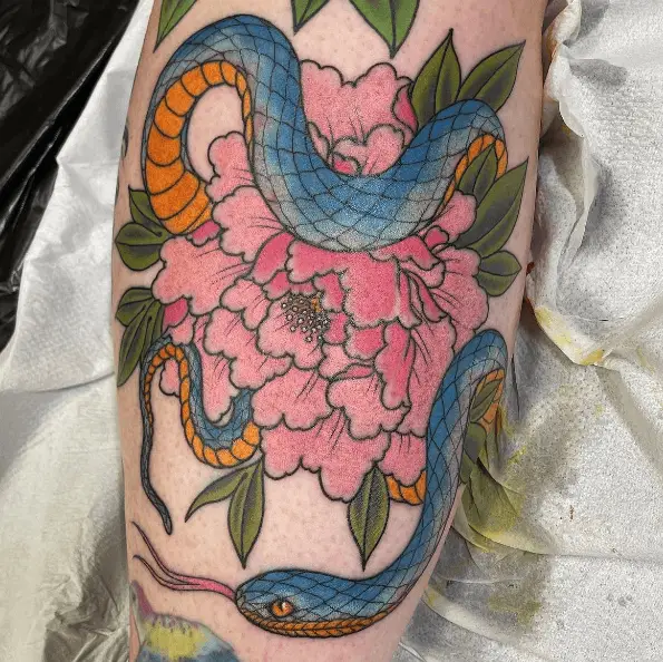 Pink Peony and Blue Snake Tattoo