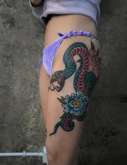 Blue Peony with Green Snake Thigh Tattoo