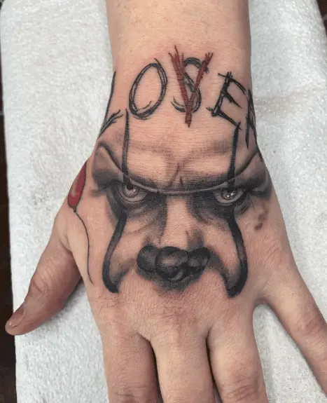 Greyscale Pennywise Clown Eyes with Loser Hand Tattoo