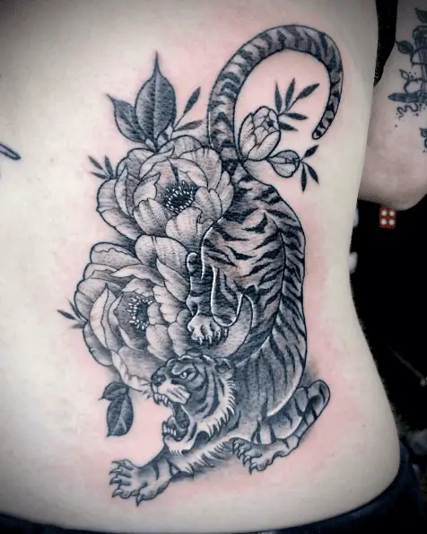 Roaring Tiger and Peonies Hip Tattoo