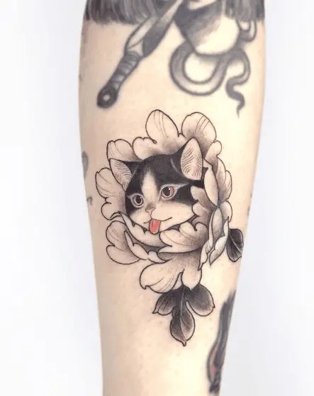 Cat Face with Peony Tattoo