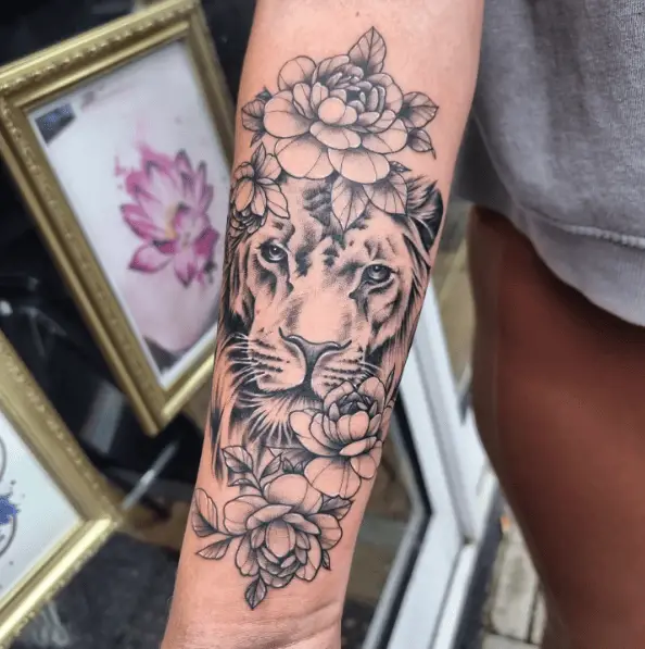 Lion Face with Peonies Forearm Tattoo