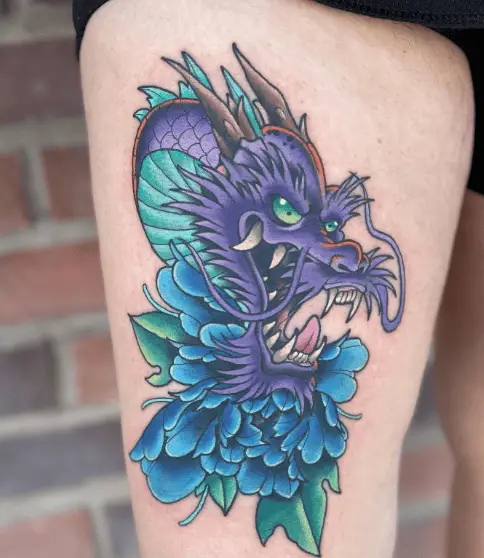 Blue Ink Dragon and Peony Floral Tattoo