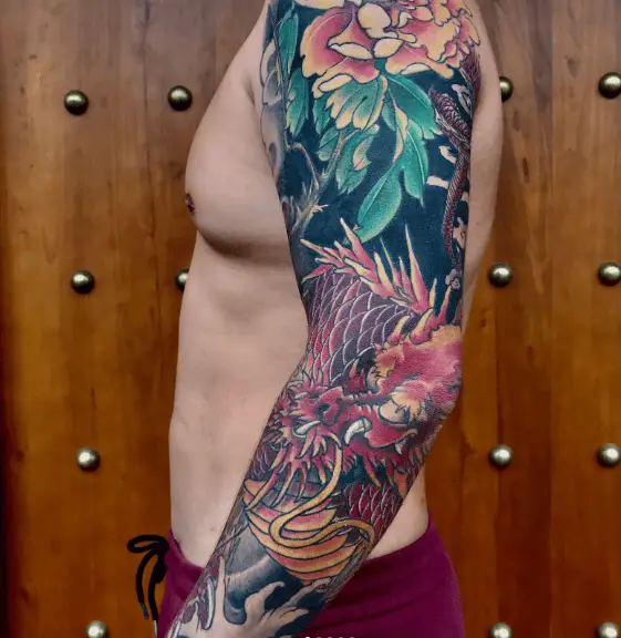 Multicolored Dragon and Peonies Sleeve Tattoo