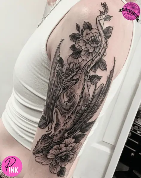 Greyscale Dragon and Peony Florals Arm Tattoo