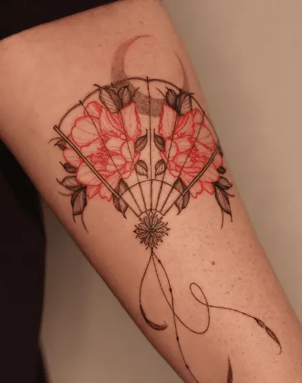 Red Peonies with Greyish Leaves and Fan Forearm Tattoo