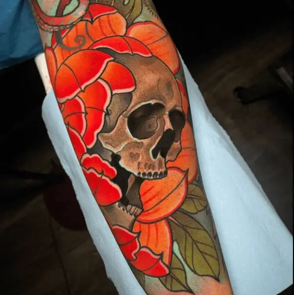 Neo Traditional Style Skull and Peony Tattoo