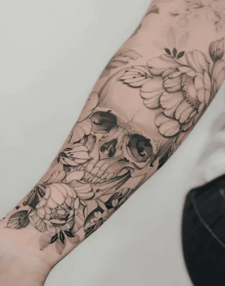 Black and Grey Skull with Peony Florals Tattoo