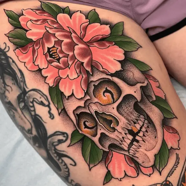 Skull with Pink Peonies Thigh Tattoo