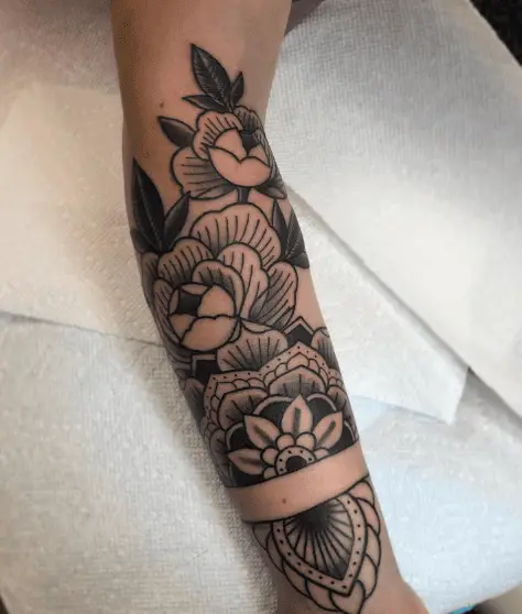 Black Ink Mandala and Peony Forearm Tattoo