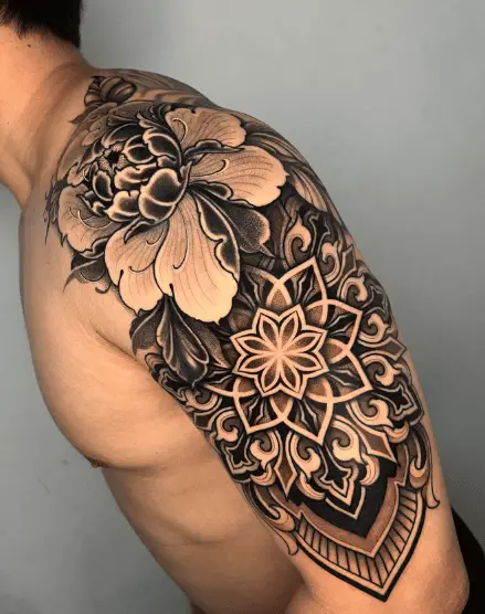 Mandala and Peony Flowers Shoulder Tattoo