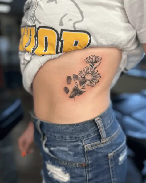 Daisy Flower Dog Paw Prints Rib Tattoo