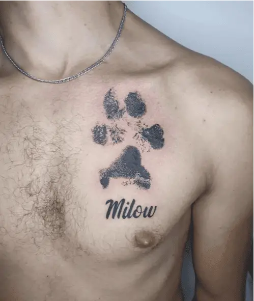 Dog Name and Paw Print Chest Tattoo