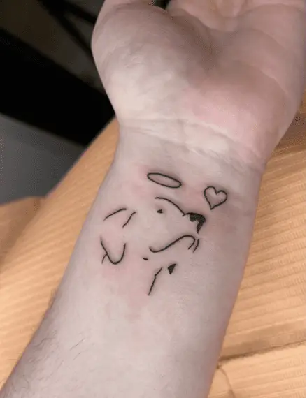 Angel Dog Pointing at Heart Sign Wrist Tattoo