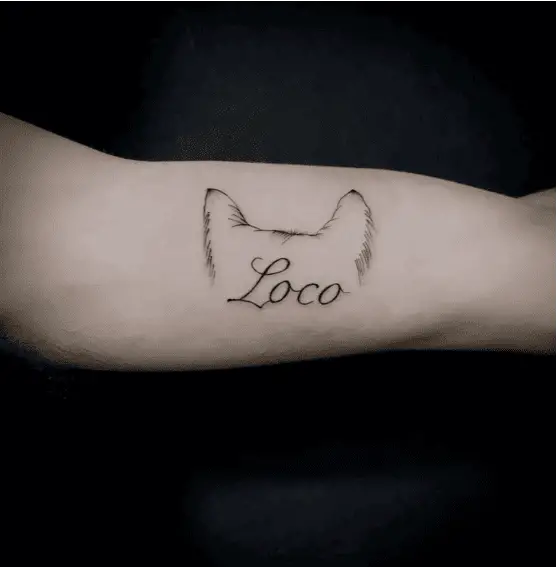 Dog Ears and Name Outline Arm Tattoo