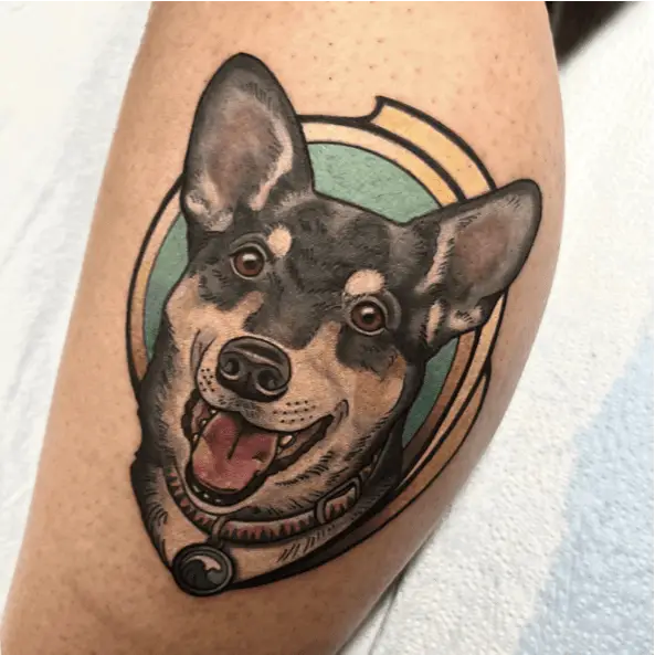 Colored Happy Dog Wearing a Pet Collar Leg Tattoo