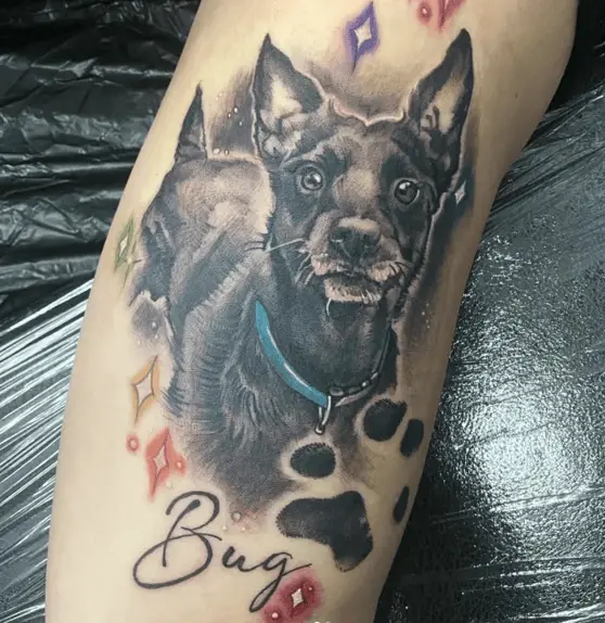 Decorative Black Dog with Paw Print and Name Arm Tattoo