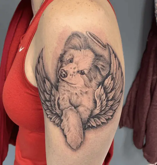 Cute Angel Dog Detailed Upper Arm Tattoo