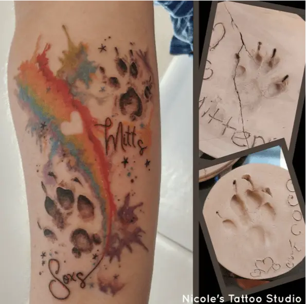 Colored Heart Rainbow Splash Dog Paw Prints and Name Arm Tattoo