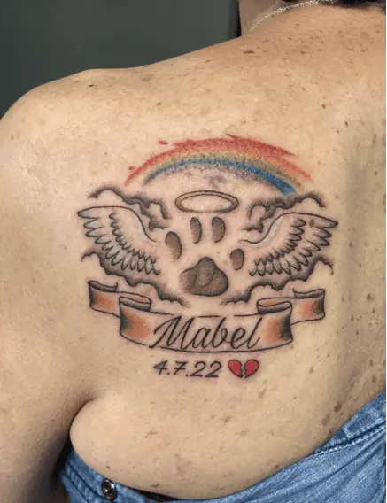 Rainbow Angel Dog Paw Print with Ribbon Name Tag Memorial Back Tattoo