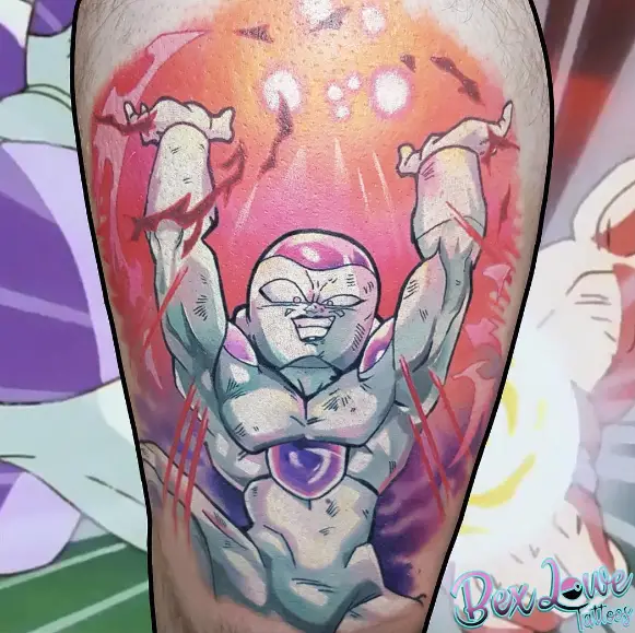 Arms Up Dragon Ball Frieza Leg Tattoo