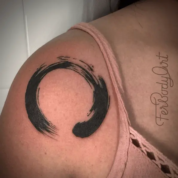 Black Ink Zen Circle Shoulder Tattoo