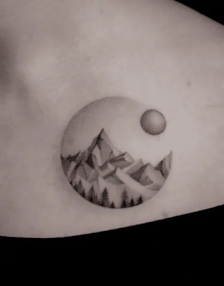 Mountain View Inside Circle Shape Tattoo