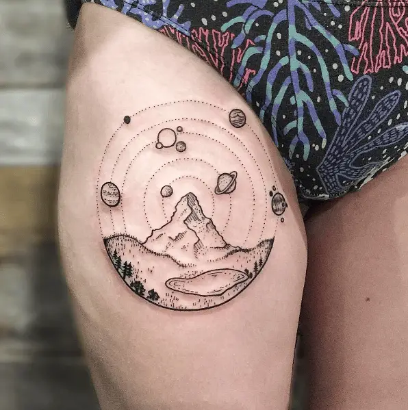 Galaxy and Mountains Circle Thigh Tattoo