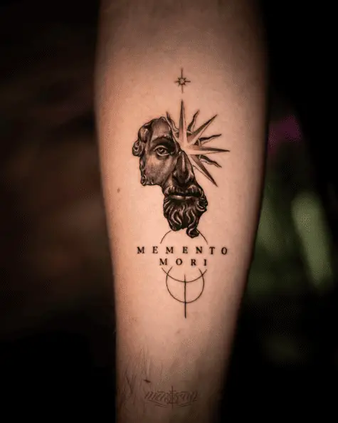 Marcus Aurelius, Sun and Lettering Tattoo
