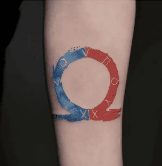 Mix of Ragnarok and God of War Omega Symbol Arm Tattoo